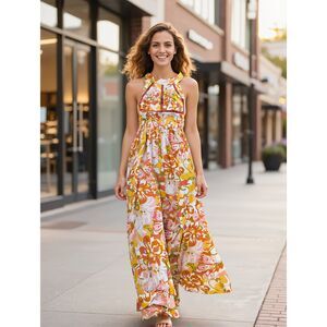 Abel the Label (US S) Floral Halter Maxi Dress Orange Yellow Boho Anthropologie